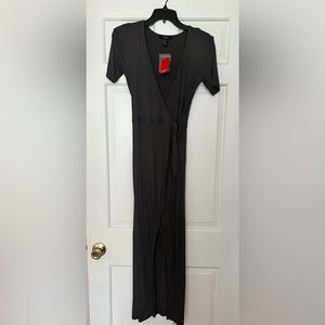 Grey wrap dress with deep v neckline